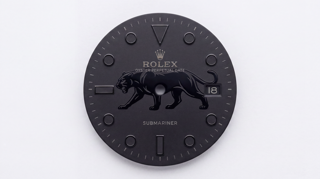 A black Rolex Submariner watch dial or faceplate with an embossed black panther logo, gold-tone Rolex crown and text, and a date window showing 18, photographed against a plain white background.