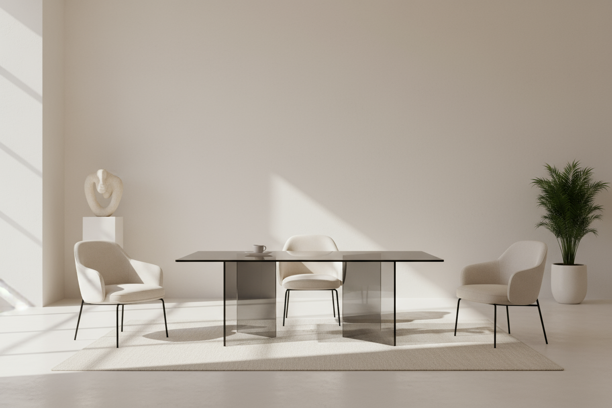 generate me a smoked acrylic table with sharp edges in a cream white room