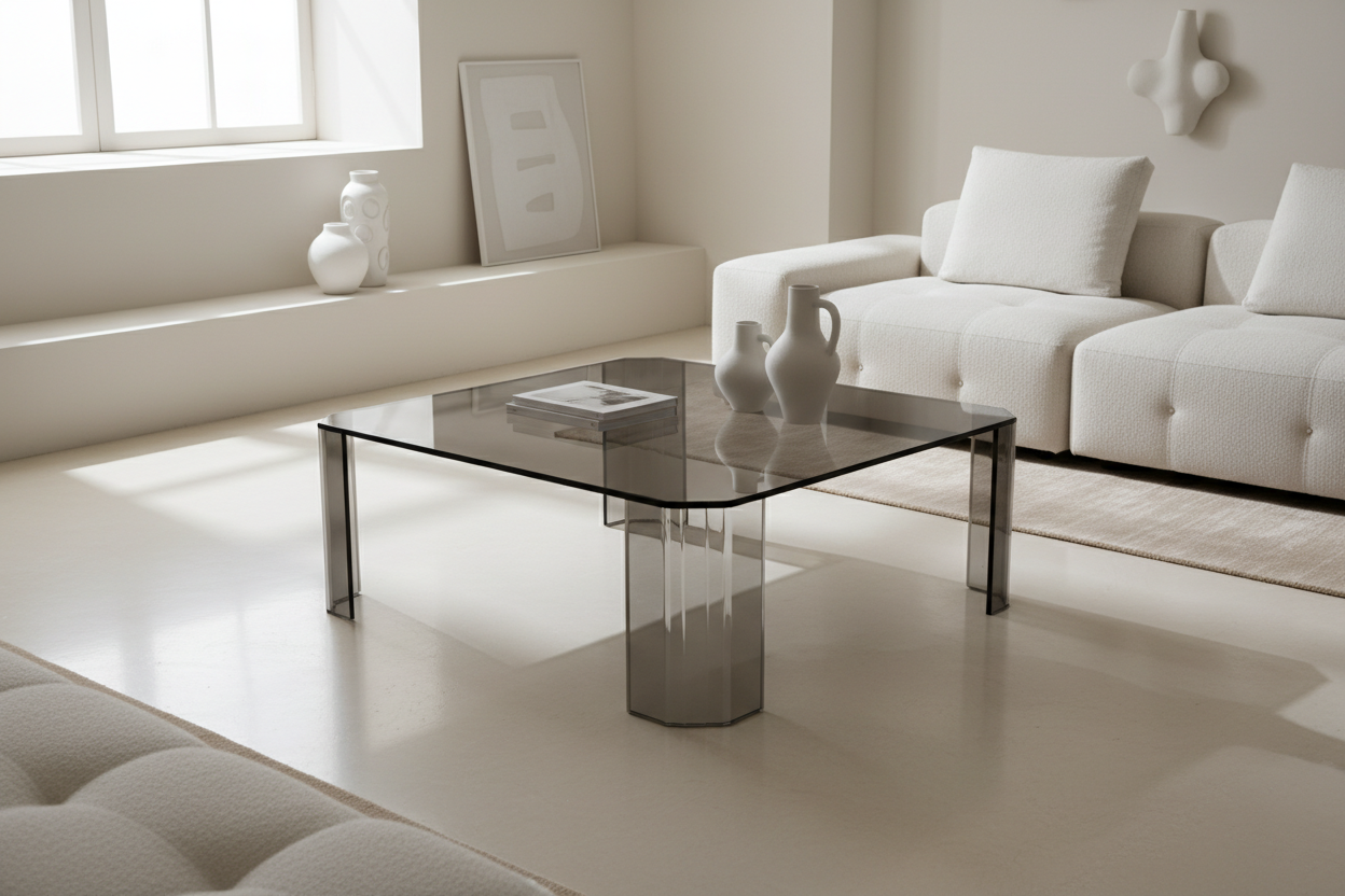 make me a coffe tables acrylic smoked with sharp edges in a cream white room
